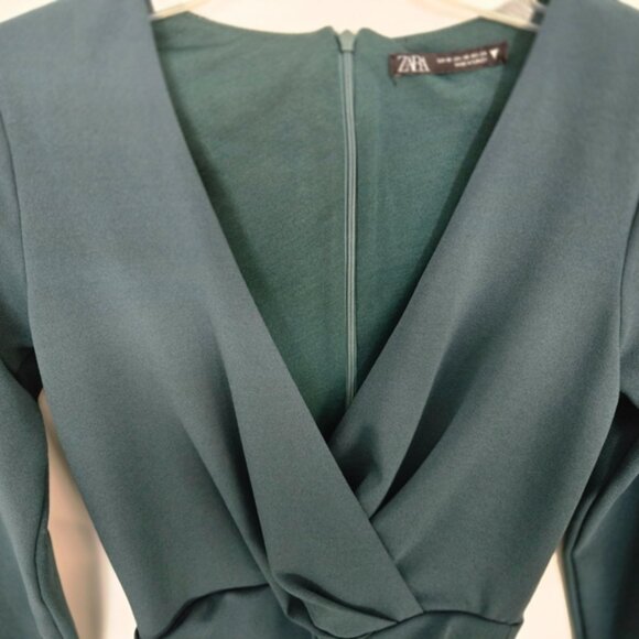 Zara Dark Green V-Neck Faux-Wrap Dress Size XS - Picture 3 of 14